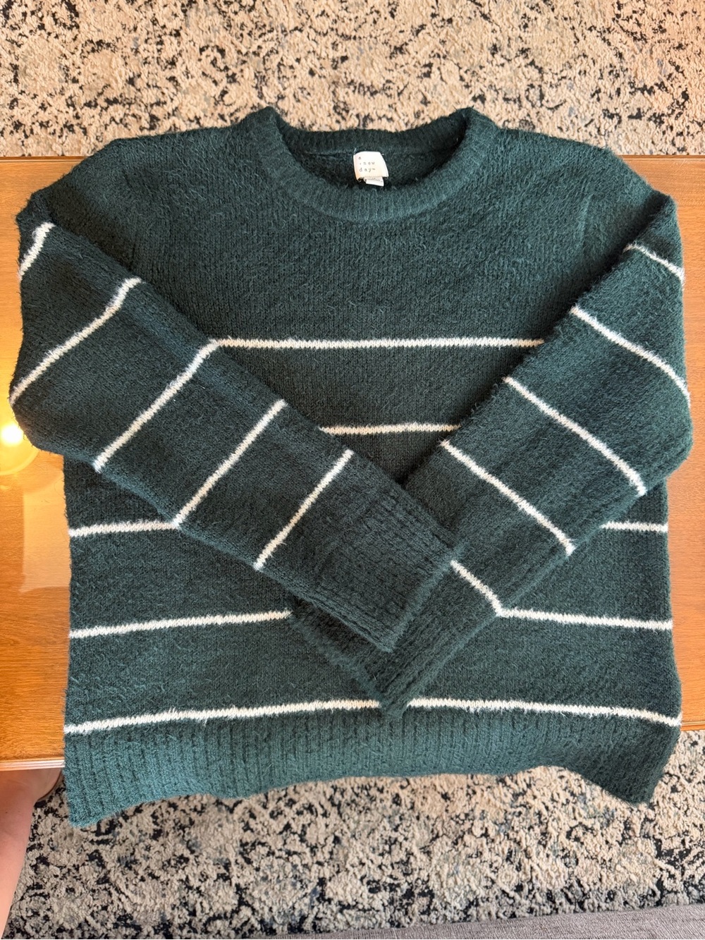 a new day Forest Green Crewneck Sweater with White Stripes